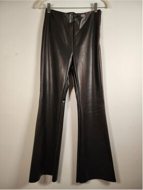 Thermal Faux Leather High Rise Flared Trousers Side Zip Flat Front Size M